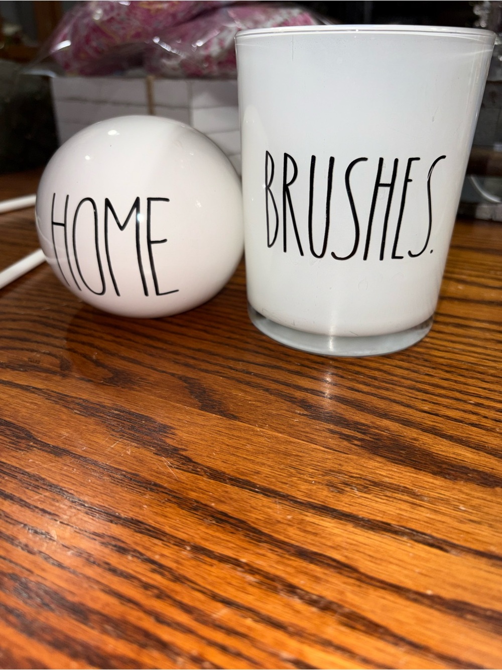 White 'BRUSHES' Glass Holder and 'HOME' Ceramic Ball Set